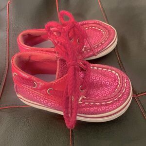 SPERRY TOP-SIDER Infant Girl Baby Pink Sequin Look Bling Shoes Sz 1